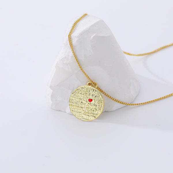 FX1107 925 Sterling Silver Vintage Texture Tetter Red Enamel Heart Necklace