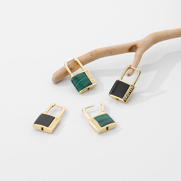 FE2540 925 Sterling Silver Onyx Peacock Green Stone Letter Lock Dangle Hoop Earring