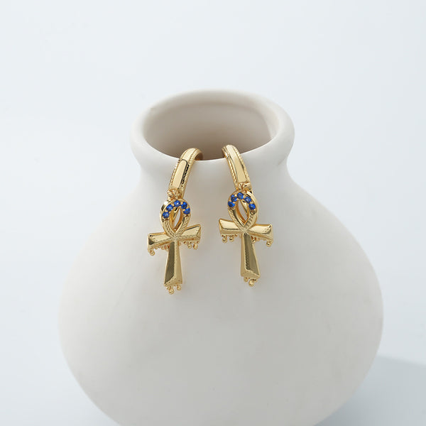 FE2531 925 Sterling Silver CZ Stone Cross Dangle Hoop Earring