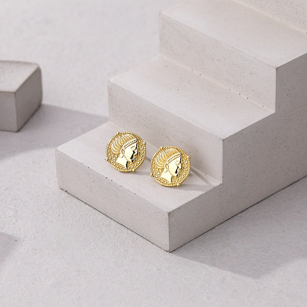 FE2575 925 Sterling Silver Retro Portrait Coin Stud Earring