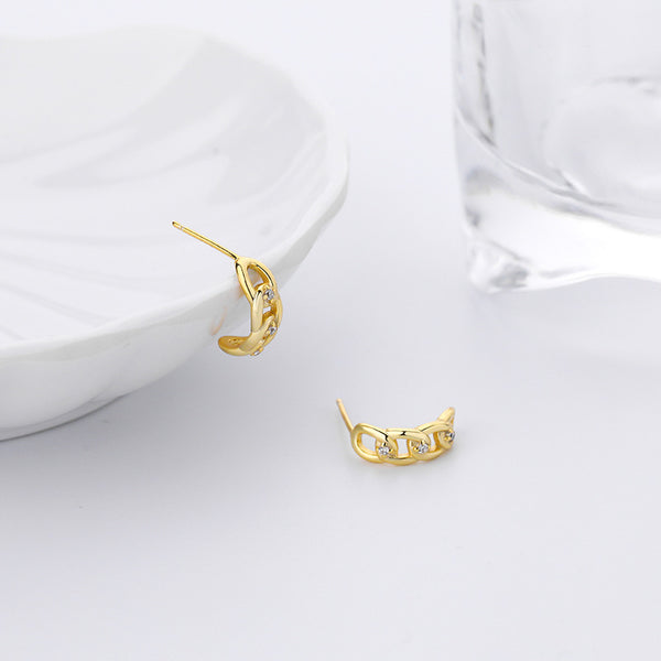FE2539 925 Sterling Silver Dainty C Shape Chain CZ Stone Stud Earring