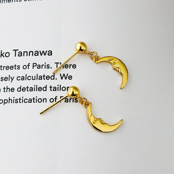 FE2596 925 Sterling Silver Dainty Moon Face Dangle Stud Earring