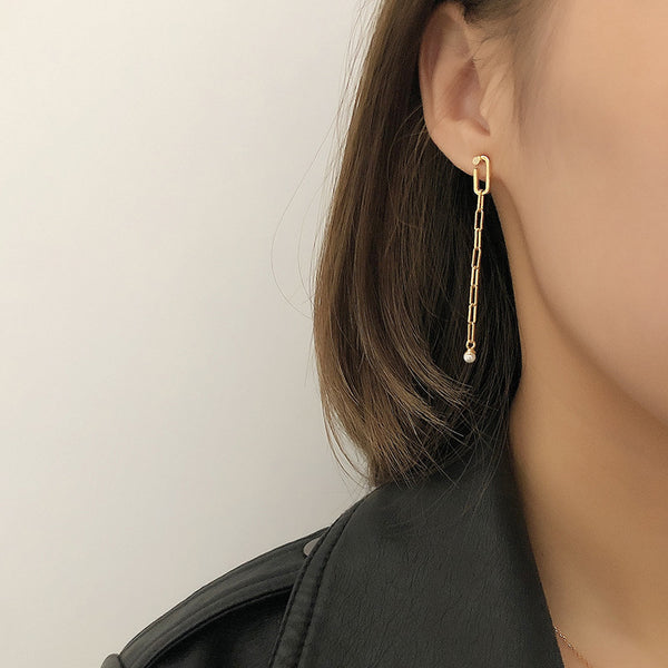 FE2670 925 Sterling Silver Long Asymmetric Chain Stud Earrings