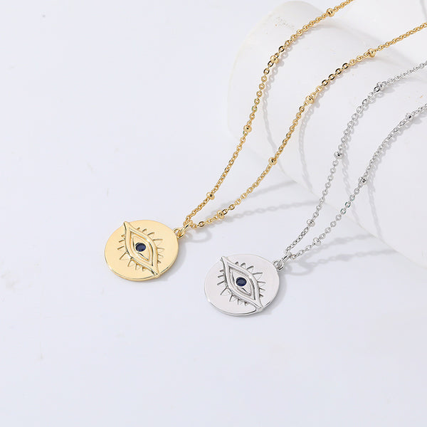 FX1086 925 Sterling Silver Zirconia Evil Eye Coin Pendant Necklace