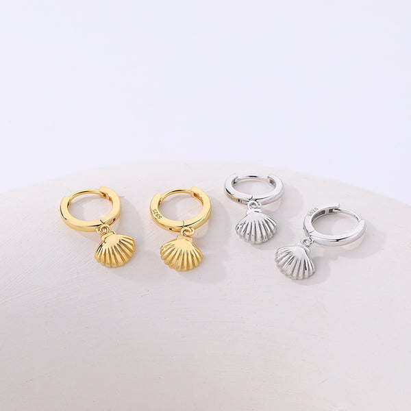 FE2480 925 Sterling Silver Dainty Shell Dangle Hoop Earrings