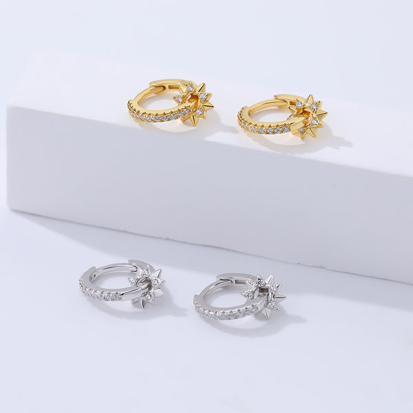 FE2485 925 Sterling Silver Pentagram CZ Stone Hoop Earrings