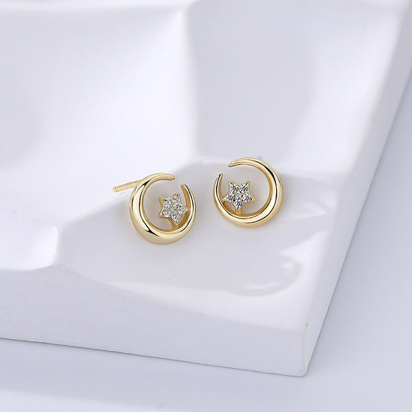 FE2613 925 Sterling Silver Dainty Moon Star Zircon Stud Earring