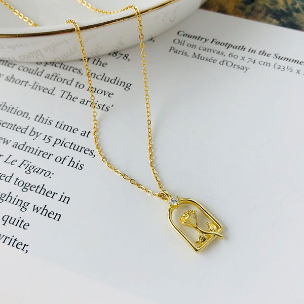 FX1032 925 Sterling Silver Minimalist Rose Pendant Necklaces