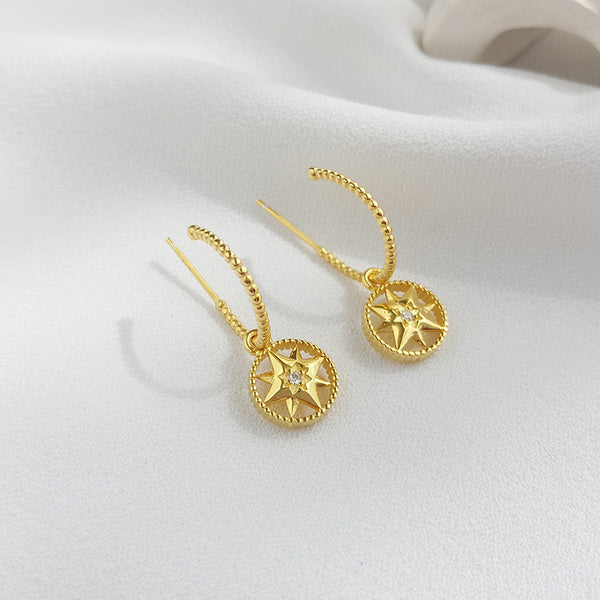 FE2510 925 Sterling Silver Eight Pointed Star Dangle Hoop Earring