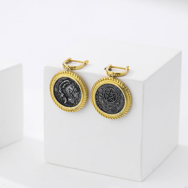 FE2501 925 Sterling Silver Retro Portrait Coins Dangle Earrings