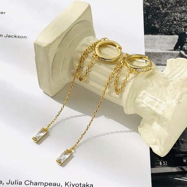 FE2549 925 Sterling Silver Chain CZ Stone Dangle Hoop Earring