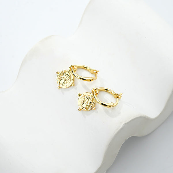 FE2616 925 Sterling Silver Relief Portrait Dangle Hoop Earring