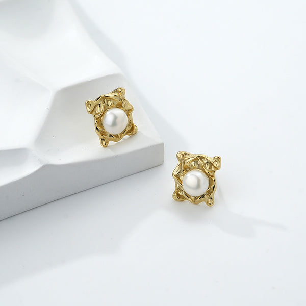 FE2617 925 Sterling Silver Rectangular Pleated Shell Pearl Stud Earring