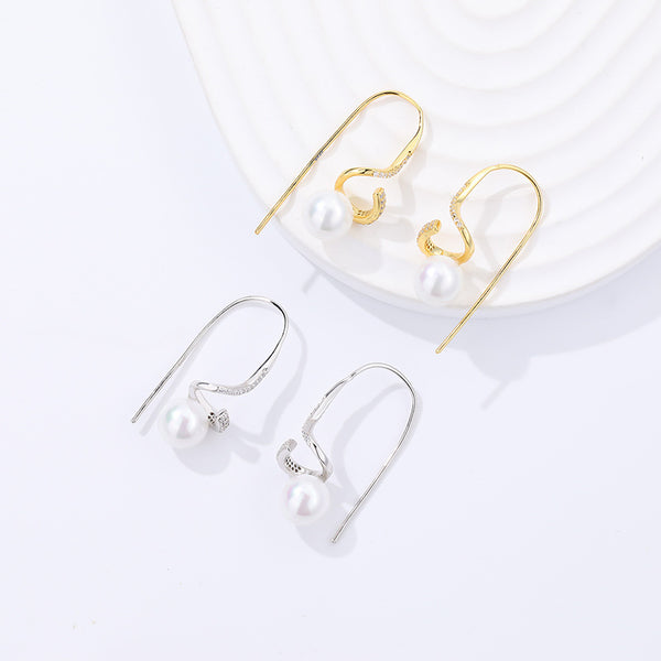 FE2706 925 Sterling Silver Twisted Micropaved Zirconia Shell Pearl Stud Earrings