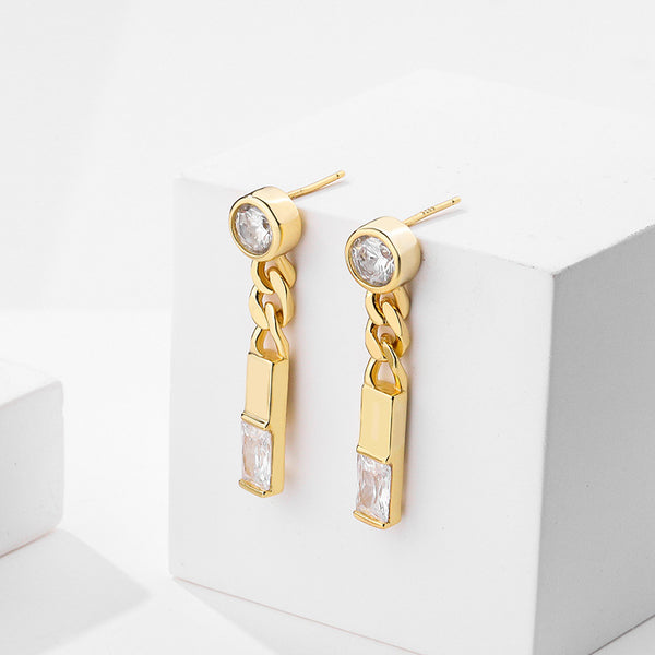 FE2632 925 Sterliang Silver Chain Square Zircon Dangle Stud Earring