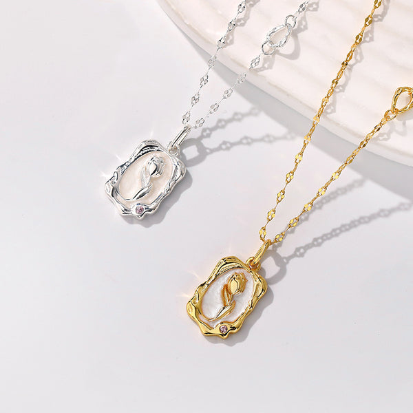 FX1025 925 Sterling Silver Antique Tulip White Enamel Square Pendant Necklaced