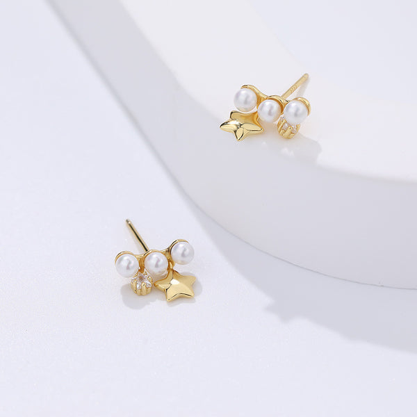 FE2654 925 Sterling Silver Temperament Five-pointed Star Shell Pearl Stud Earrings