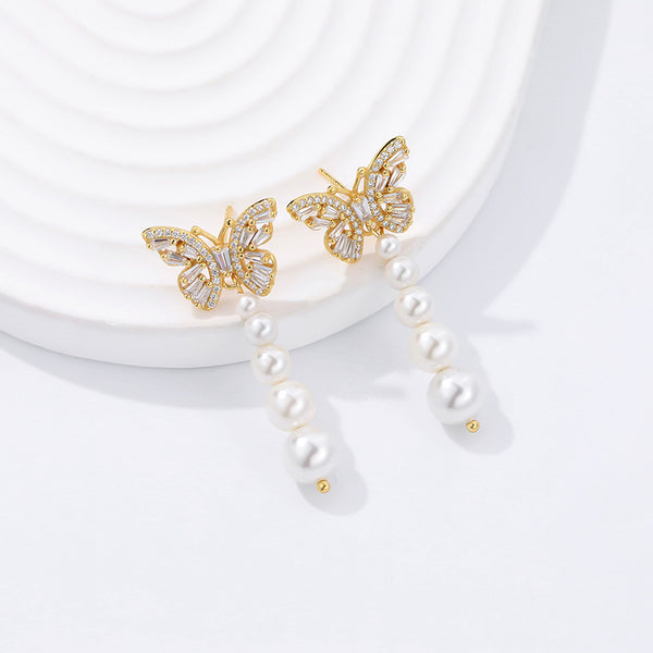 FE2660 925 Sterling Silver Zircon Butterfly Shell Pearl Stud Earrings