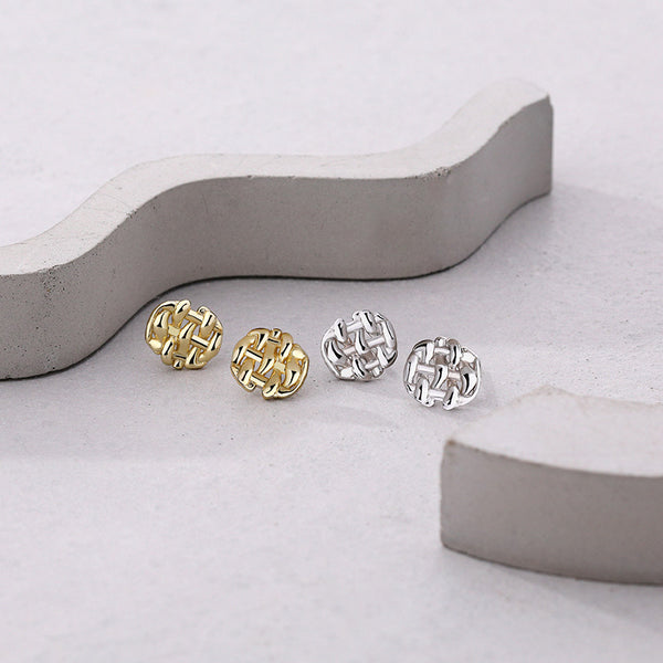 FE2572 925 Sterling Silver Retro Woven Mesh Round Stud Earring