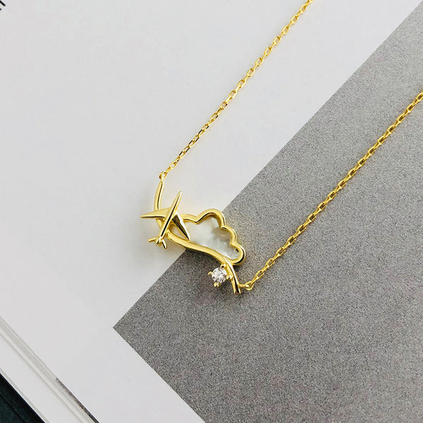 FX1166 925 Sterling Silver Mother of Pearl Cloud Airplane Pendant Necklace