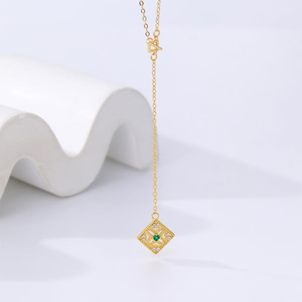 FX1102 925 Sterling Silver Vintage Emerald Rhombus Tassel Necklace