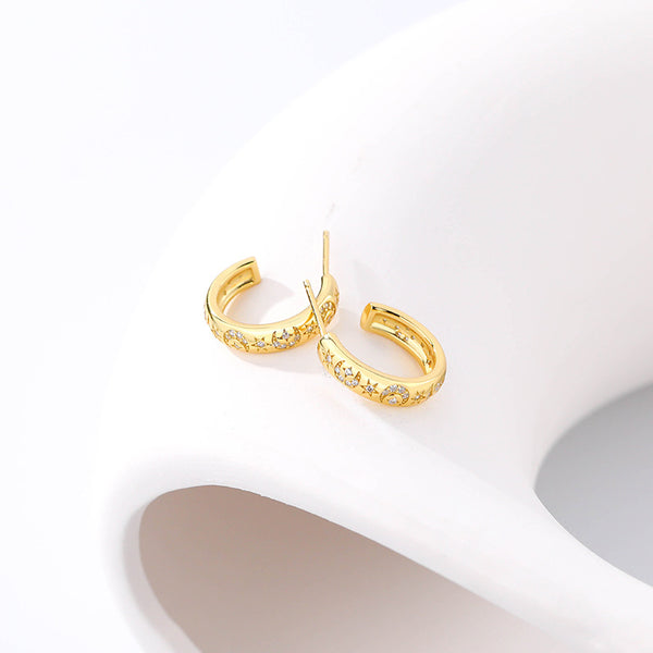 FE2538 925 Sterling Silver C Shape Star Moon Stud Earring
