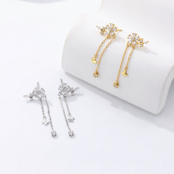 FE2683 925 Sterling Silver Long Tassel Butterfly Flower Zircon Stud Earrings