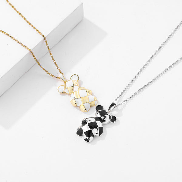 FX1143 925 Sterling Silver Checkerboard Bear Pendant Necklace