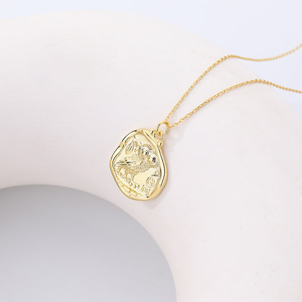 FX0976 925 Sterling Silver Antique Gold Irregular Coin Owl Necklace