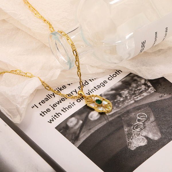 FX1154 925 Sterling Silver Layer Emerald Mother of Pearl Pendant Necklace