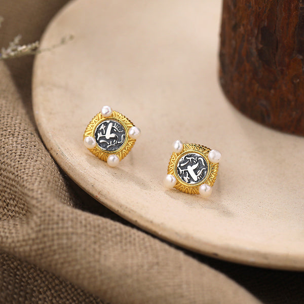 FE2657 925 Sterling Silver Vintage Embossed Bird Coin Stud Earrings