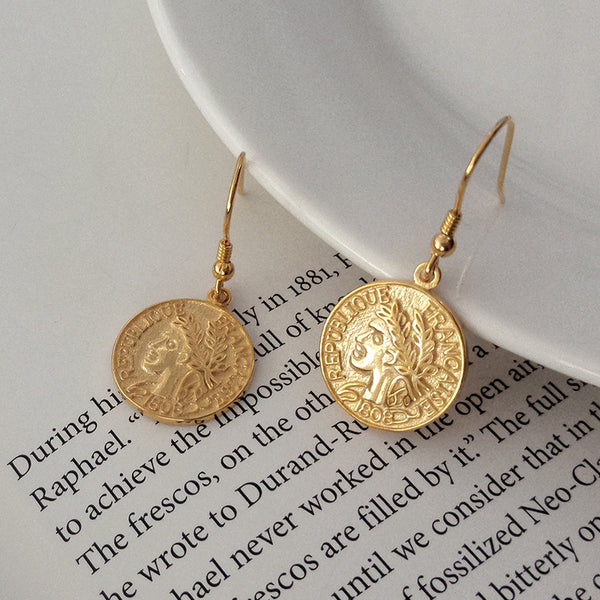 FE2498 925 Sterling Silver Coin Face Dangle Earrings