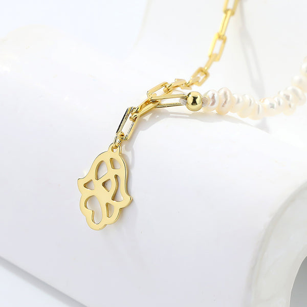 FX1085 925 Sterling Silver Hollow Hamsa Hand Pearl Necklace