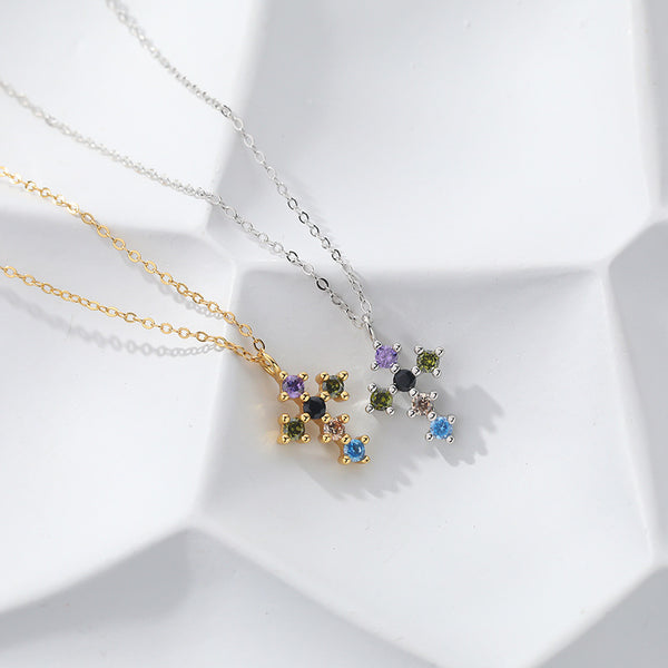 FX1004 925 Sterling Silver Rainbow Cubic Zirconia Cross Pendant Necklaces