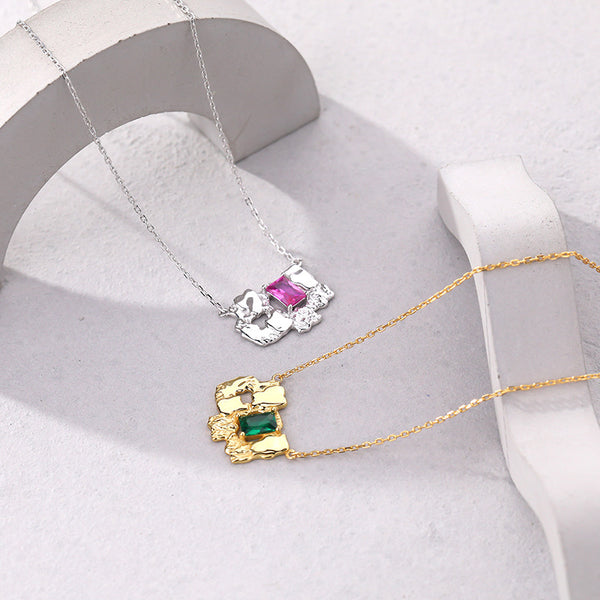 FX1016 925 Sterling Silver Irregular Textured Baguette CZ Pendant Necklace