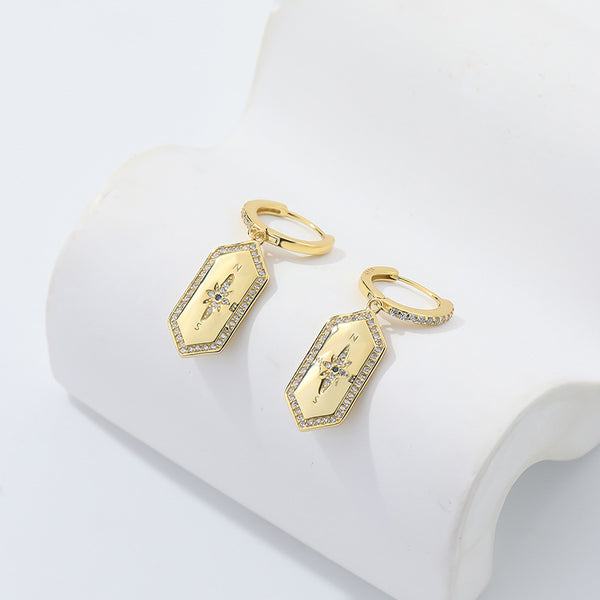 FE2526 925 Sterling Silver Compass CZ Stone Dangle Hoop Earring