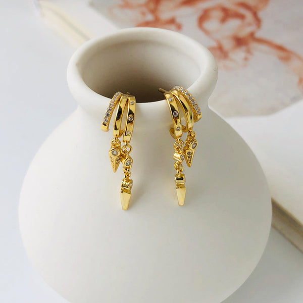 FE2640 925 Sterliang Silver Double Triangular Zircon Dangle Stud Earring