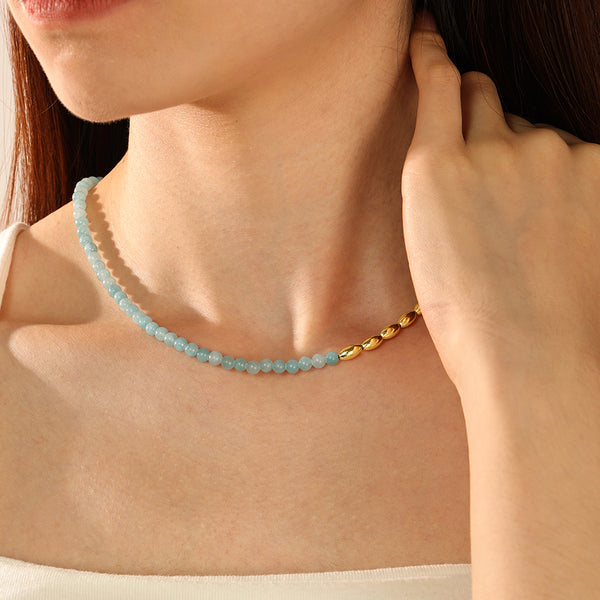 PN0092 925 Sterling Silver Aquamarine Gold Bead Necklace