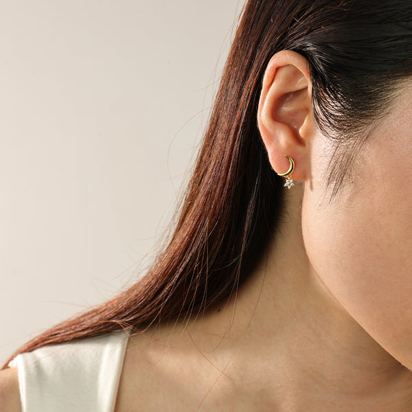 FE2332 925 Sterling Silver CZ Flower Crescent Stud Earrings