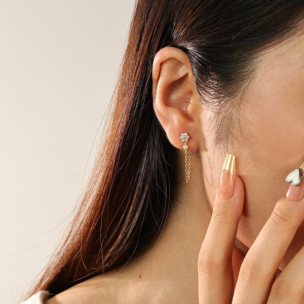 FE2297 925 Sterling Silver Cubic Zirconia Flower Chain Stud Earrings