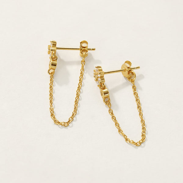 FE2297 925 Sterling Silver Cubic Zirconia Flower Chain Stud Earrings