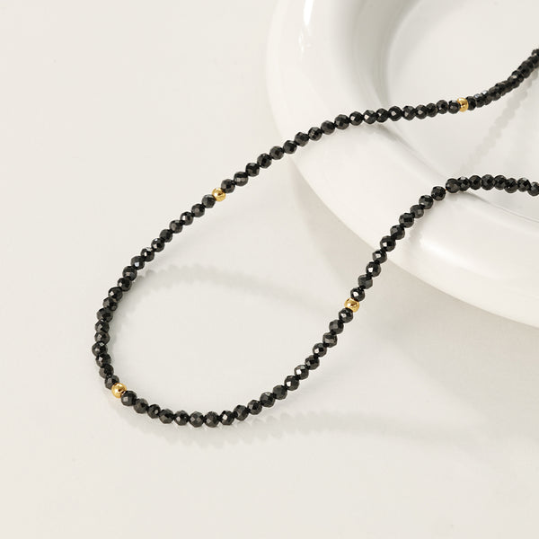 PN0084 925 Sterling Silver Black Crystal Gold Bead Necklace