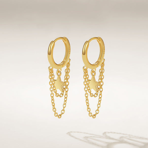 FE2340 925 Sterling Silver Star Double Chain Hoop Earrings