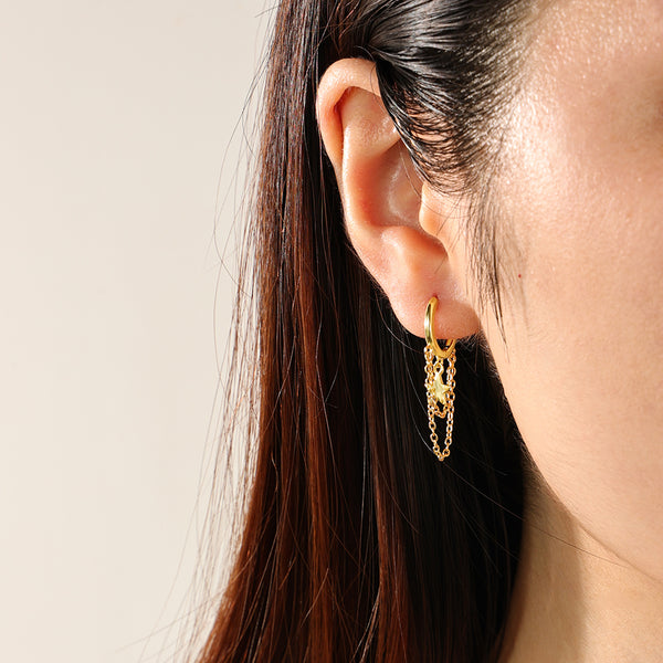 FE2340 925 Sterling Silver Star Double Chain Hoop Earrings