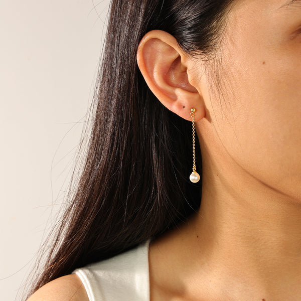 FE2441 925 Sterling Silver Shell Pearl Long Chain Stud Earrings