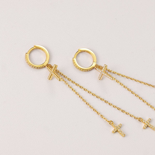 FE2211 925 Sterling Silver Trio Cross Dangle Chain Earrings