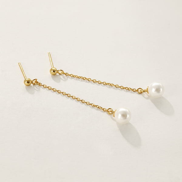 FE2441 925 Sterling Silver Shell Pearl Long Chain Stud Earrings