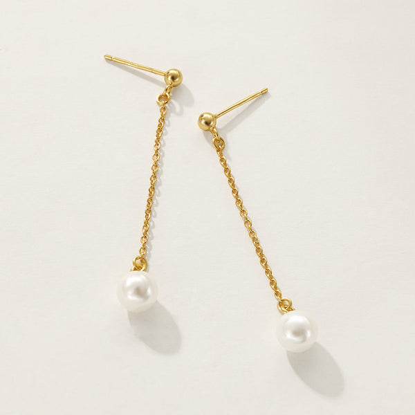 FE2441 925 Sterling Silver Shell Pearl Long Chain Stud Earrings