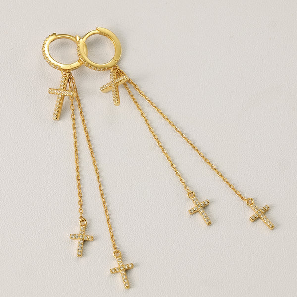 FE2211 925 Sterling Silver Trio Cross Dangle Chain Earrings