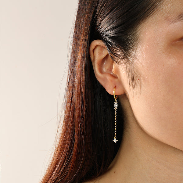 FE2287 925 Sterling Silver Marquise Long Chain Hoop Earrings